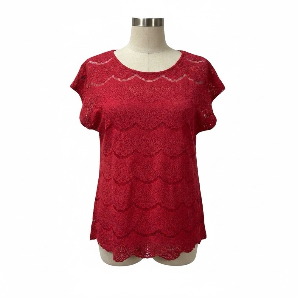Faded Glory Red Lace Overlay Pullover Blouse Women XL 16-18 Floral Cap Sleeve